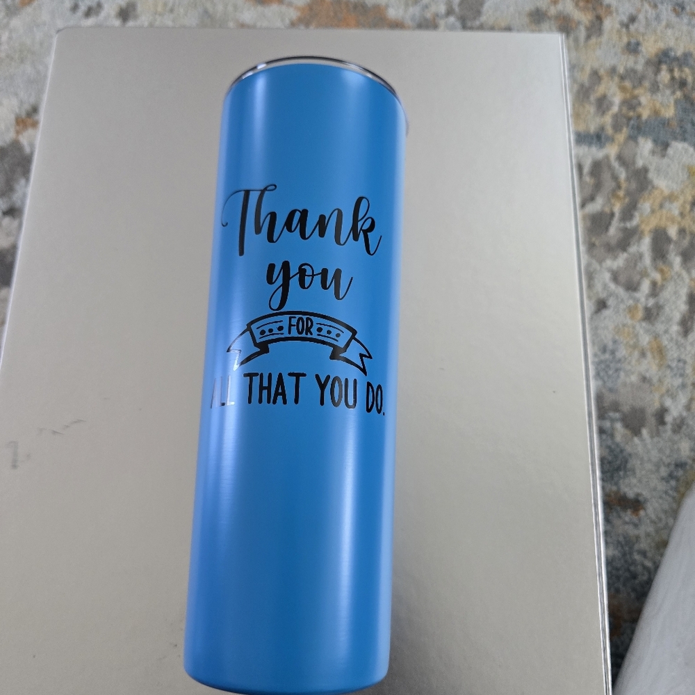 Blue Tumbler with Thank You Design